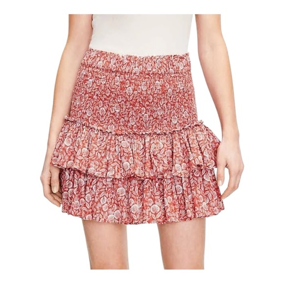 LOFT Palm-Printed Cotton Smocked Tiered Mini Skirt in Rich Chestnut. Size Small. - Picture 11 of 11